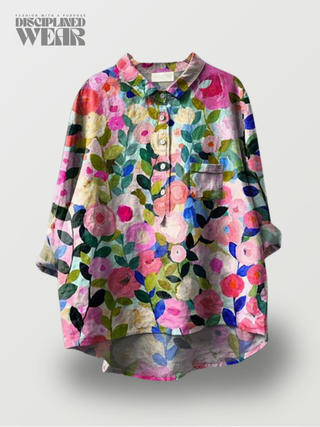 Camisa fluida de manga larga para mujer con colorido estampado floral primaveral