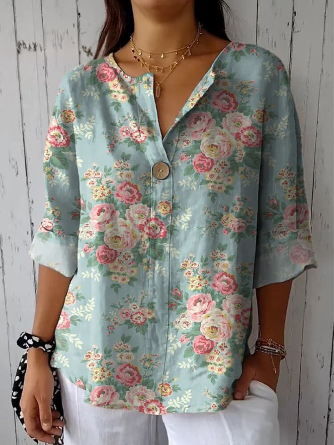 Camisa de mujer de estilo retro en algodón y lino con estampado de rosas