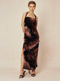 Tie dye maxi vestido con abertura halter y malla desgastada