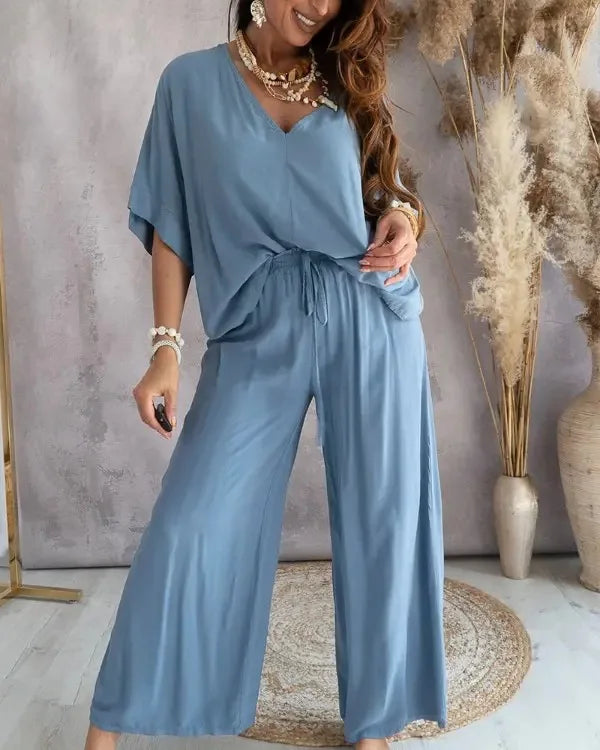 Casual Loose Home wear Conjuntos con Elegante Batwing y Pantalones con Cuello en V