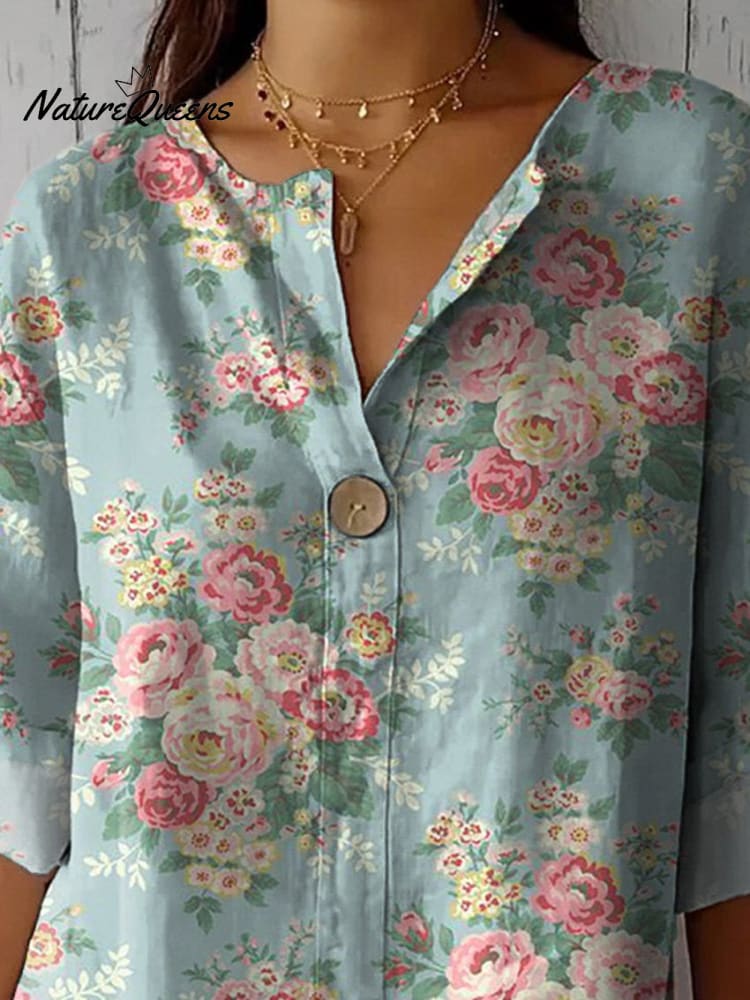 Camisa de mujer de estilo retro en algodón y lino con estampado de rosas