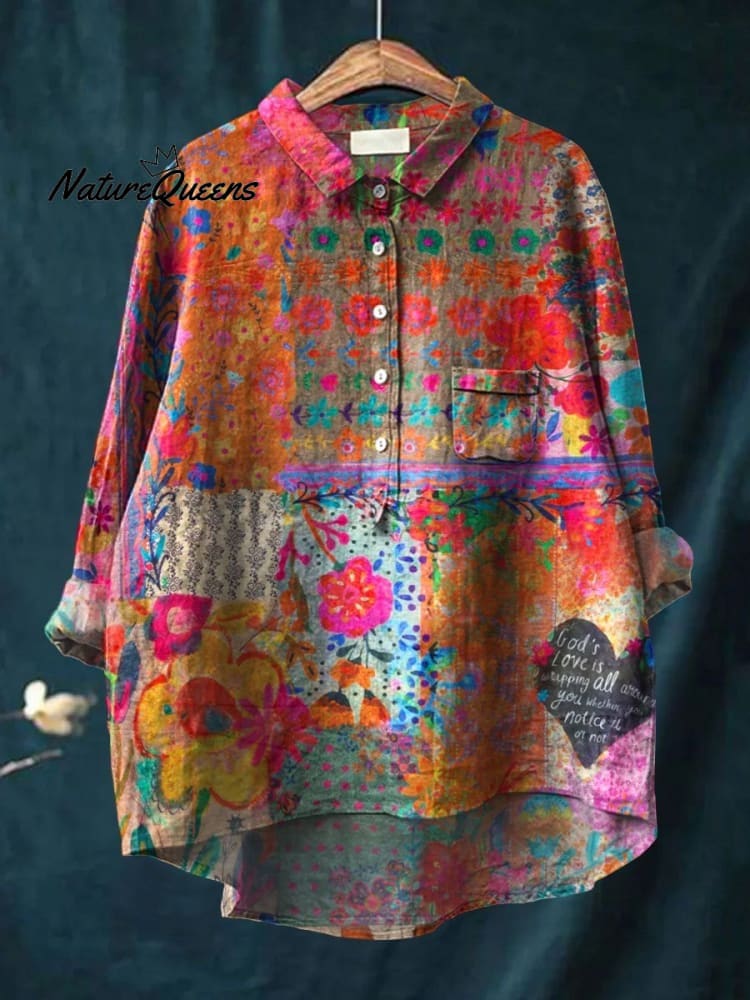 Camisa casual de algodón para mujer, estampado floral vintage